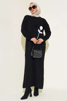 Gül Detaylı Triko Elbise Siyah - Tesettür Elbise