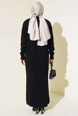 Gül Detaylı Triko Elbise Siyah - Tesettür Elbise