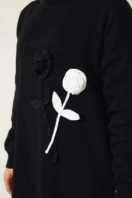 Gül Detaylı Triko Elbise Siyah - Tesettür Elbise