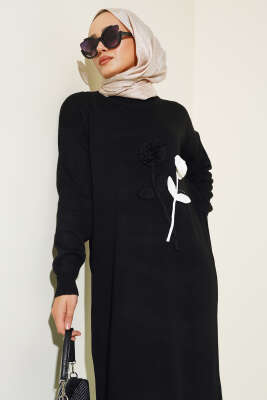 Gül Detaylı Triko Elbise Siyah - Tesettür Elbise