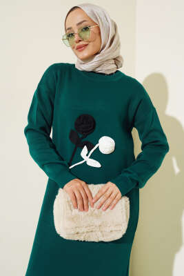 Gül Detaylı Triko Elbise Zümrüt - Tesettür Elbise