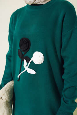 Gül Detaylı Triko Elbise Zümrüt - Tesettür Elbise