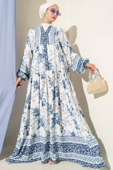 Gül Etnik Desenli Elbise Mavi - Elbise