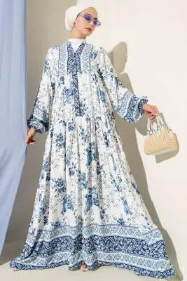 Gül Etnik Desenli Elbise Mavi