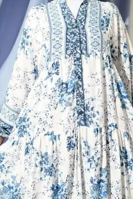 Gül Etnik Desenli Elbise Mavi - Tesettür Elbise