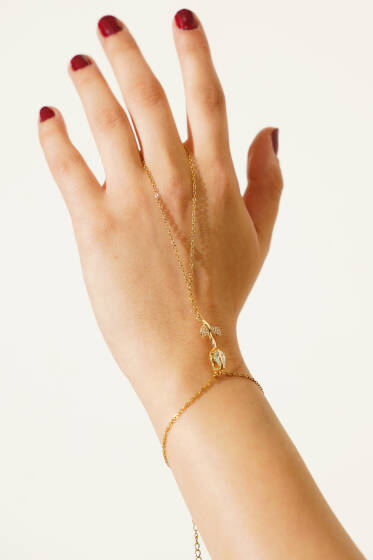 Gül Figürlü Taşlı Şahmeran Gold - Bileklik