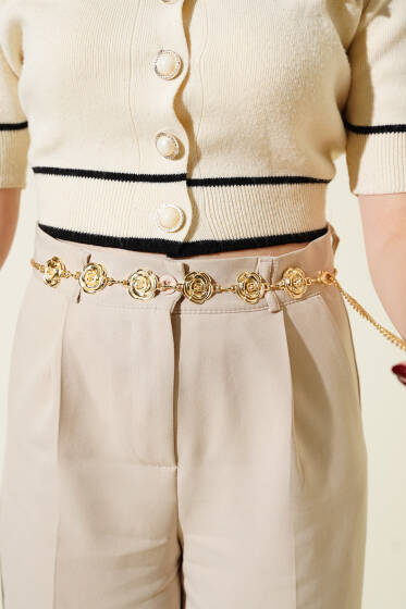 Gül Figürlü Zincir Kemer Gold - Zincirli Kemer