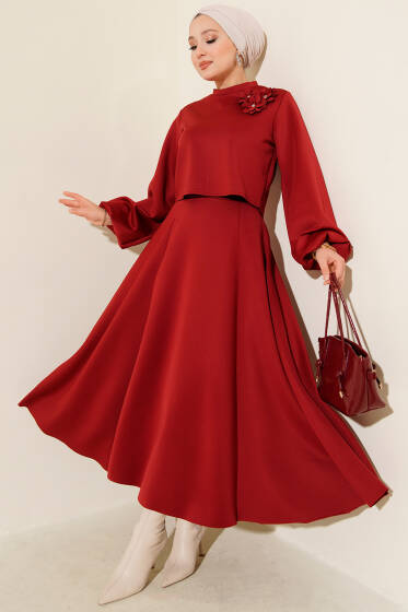 Gül İşlemeli Etekli İkili Takım Bordo - İkili Takım