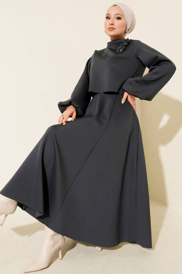 Gül İşlemeli Etekli İkili Takım Füme - İkili Takım