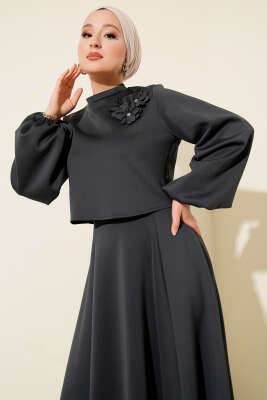 Gül İşlemeli Etekli İkili Takım Füme - İkili Takım