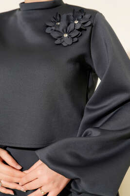 Gül İşlemeli Etekli İkili Takım Füme - İkili Takım