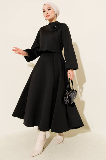 Gül İşlemeli Etekli İkili Takım Siyah - İkili Takım