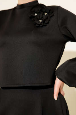 Gül İşlemeli Etekli İkili Takım Siyah - İkili Takım