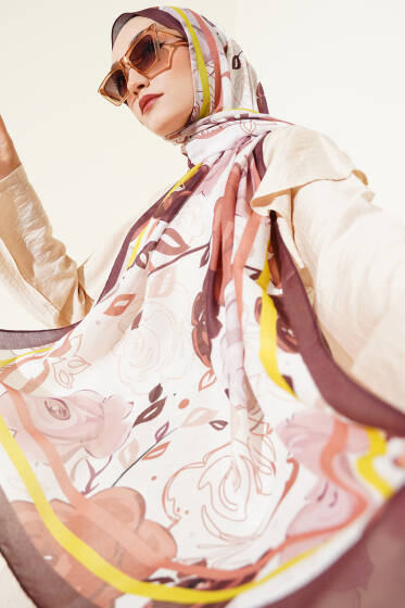 Gül Motifli Şal Acı Kahve - Başörtüsü