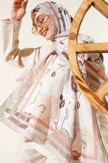 Gül Motifli Şal Bej - Başörtüsü