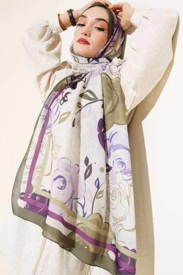 Gül Motifli Şal Haki - Başörtüsü