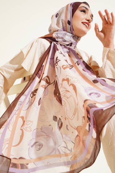 Gül Motifli Şal Kahve - Başörtüsü