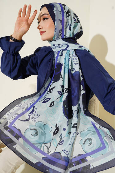 Gül Motifli Şal Lacivert - Başörtüsü