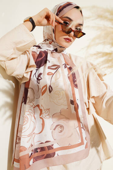 Gül Motifli Şal Latte - Başörtüsü