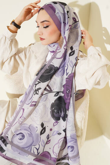 Gül Motifli Şal Magenta - Başörtüsü