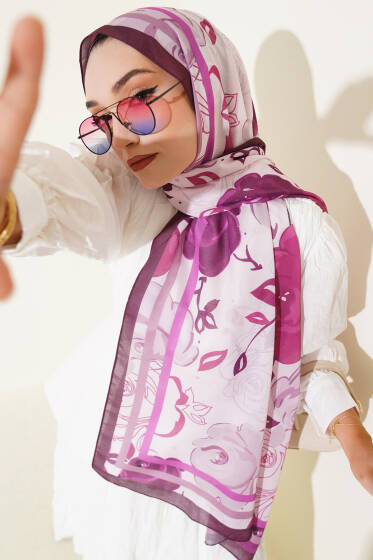 Gül Motifli Şal Mürdüm - Başörtüsü