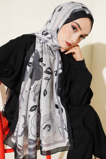 Gül Motifli Şal Siyah - Başörtüsü