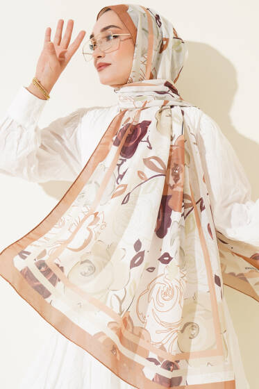 Gül Motifli Şal Taba - Başörtüsü