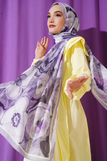 Gül Şerit Geçişli Şal Açık Lila - Başörtüsü