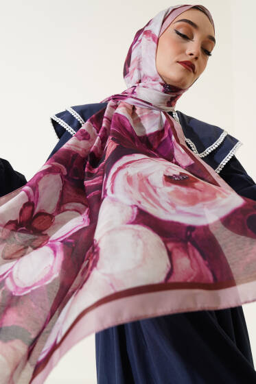 Gül Şerit Geçişli Şal Bordo - Başörtüsü