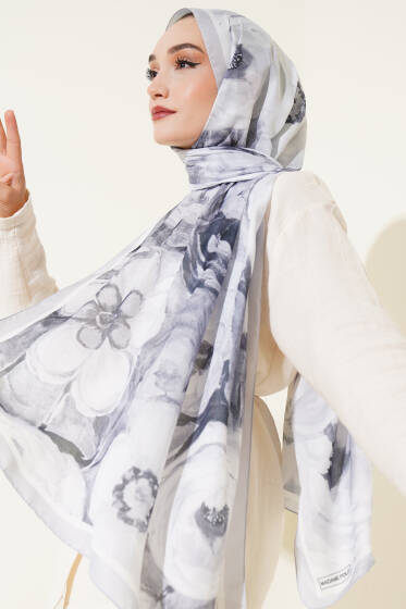 Gül Şerit Geçişli Şal Gri - Başörtüsü