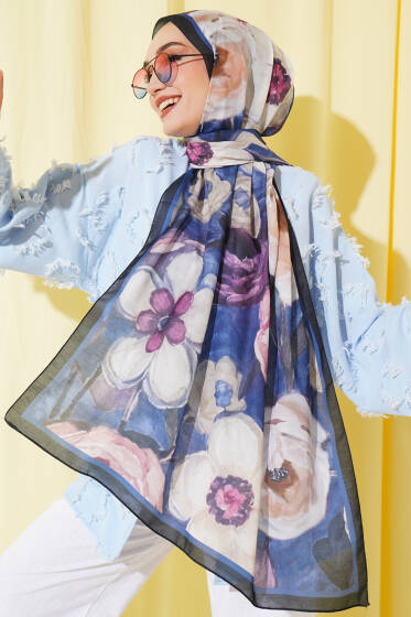 Gül Şerit Geçişli Şal Koyu Lacivert - Başörtüsü