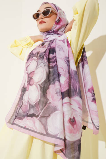 Gül Şerit Geçişli Şal Pembe - Başörtüsü
