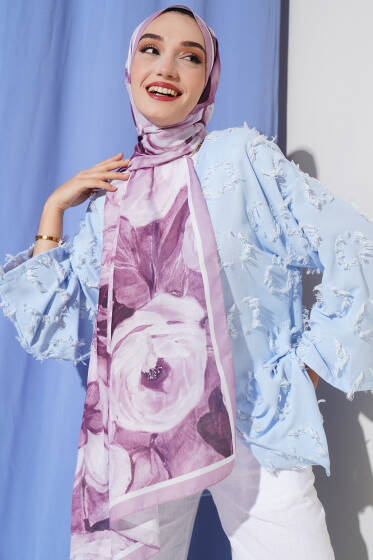 Gül Şerit Geçişli Şal Pudra - Başörtüsü