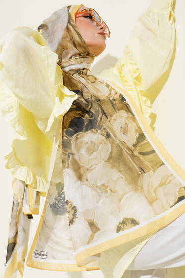 Gül Şerit Geçişli Şal Sarı - Başörtüsü