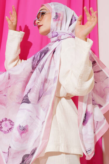 Gül Şerit Geçişli Şal Şeker Pembe - Başörtüsü