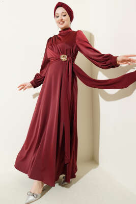 Gül Tokalı Saten Abiye Elbise Bordo - DENİZ LIFE