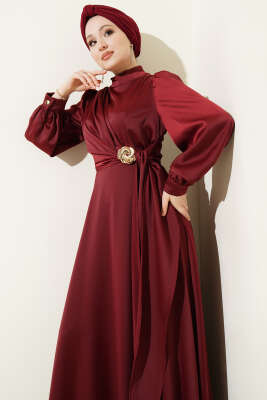 Gül Tokalı Saten Abiye Elbise Bordo - Elbise