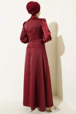 Gül Tokalı Saten Abiye Elbise Bordo - Elbise