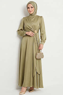 Gül Tokalı Saten Abiye Elbise Çağla Yeşili - DENİZ LIFE