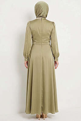 Gül Tokalı Saten Abiye Elbise Çağla Yeşili - Elbise