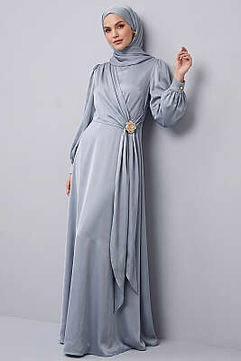 Gül Tokalı Saten Abiye Elbise Gri - DENİZ LIFE