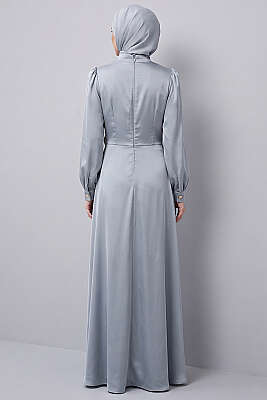 Gül Tokalı Saten Abiye Elbise Gri - Elbise