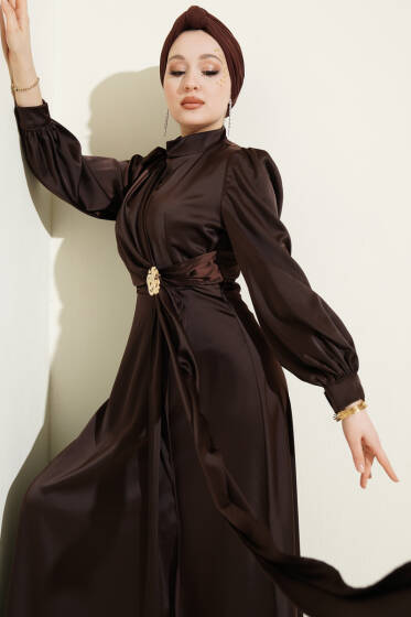 Gül Tokalı Saten Abiye Elbise Kahve - Elbise