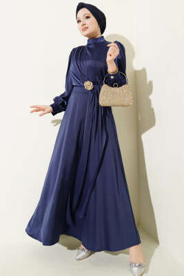 Gül Tokalı Saten Abiye Elbise Lacivert - DENİZ LIFE