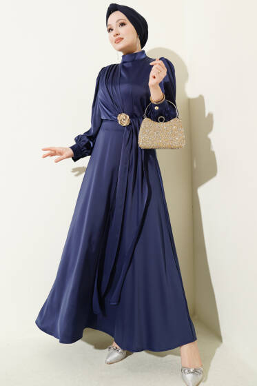 Gül Tokalı Saten Abiye Elbise Lacivert - Elbise