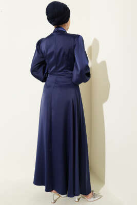 Gül Tokalı Saten Abiye Elbise Lacivert - Elbise