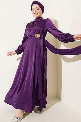 Gül Tokalı Saten Abiye Elbise Mor - DENİZ LIFE