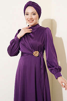 Gül Tokalı Saten Abiye Elbise Mor - Elbise