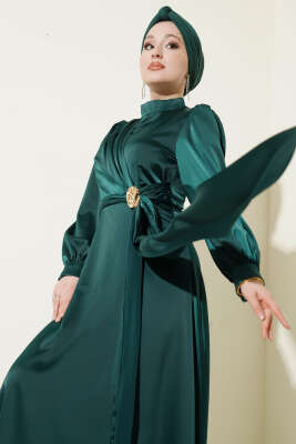 Gül Tokalı Saten Abiye Elbise Zümrüt 