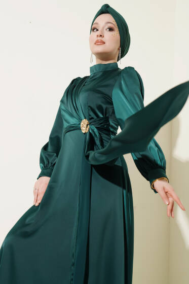 Gül Tokalı Saten Abiye Elbise Zümrüt - Elbise